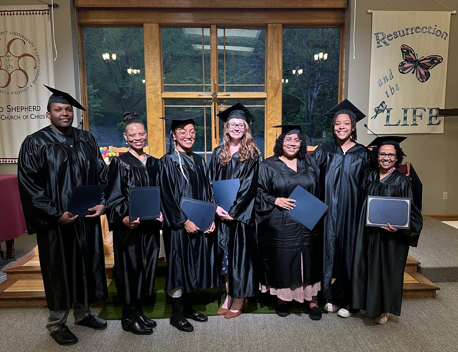 On April 17, 2025, seven Dorcas Ministries clients graduated with certificates from the BioWork program. Left to right: Kangugi Karanja, Sonja Self, Natasha Smith, Celene Redgate, Vanessa Vargas, Jordan Williams, Betelehem Zewdie